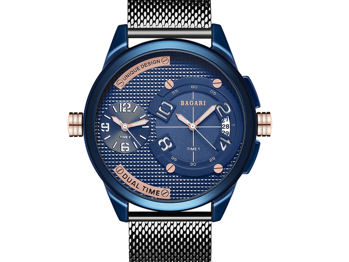 Relógio de pulso masculino Bagari com mecanismo de quartzo e pulseira redonda de malha nas cores azul e preta.