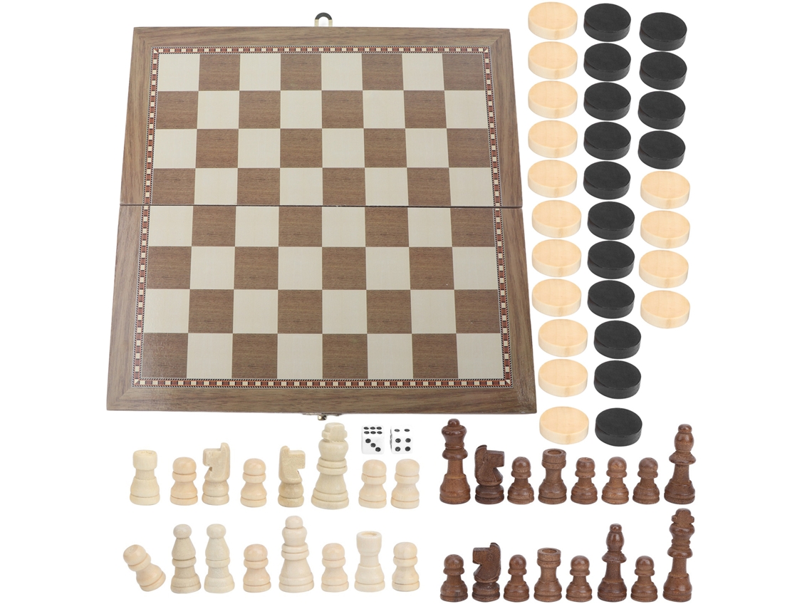 Set de Xadrez de Madeira 3 em 1 com Damas e Tabuleiro Portátil com MARCA