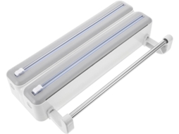 Dispensador de filme plástico de dupla camada com cortador, caixa de armazenamento em ABS para cozinha, durável e prática.
