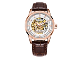 Relógio Automático Ochstin Masculino de Couro Autêntico com Design Oco Prata Rose Branco