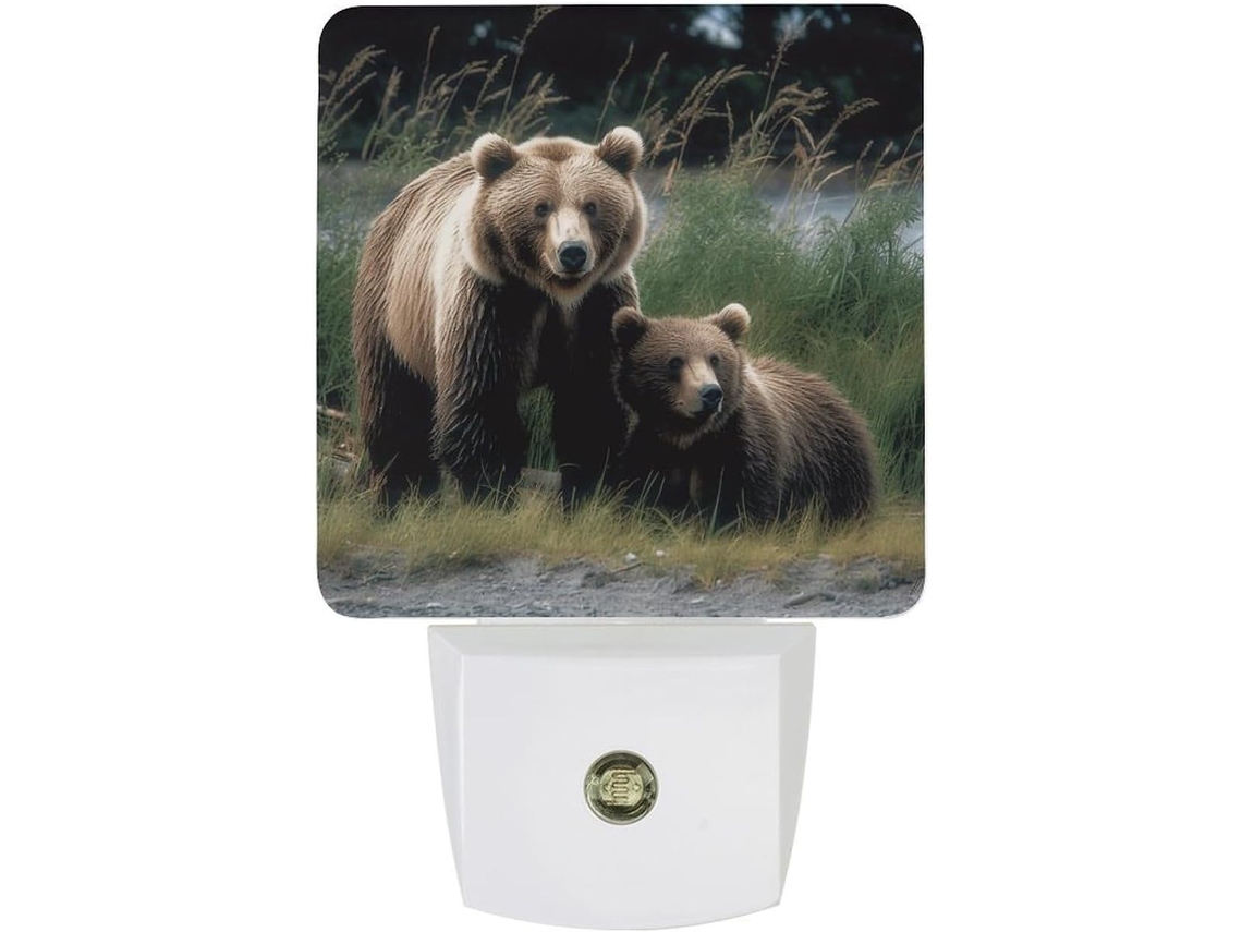 Luminária Noturna Led De Tomada Com Design Mãe E Filhote Urso, Sensor Crepuscular, Plugue De Parede, Luz Noturna