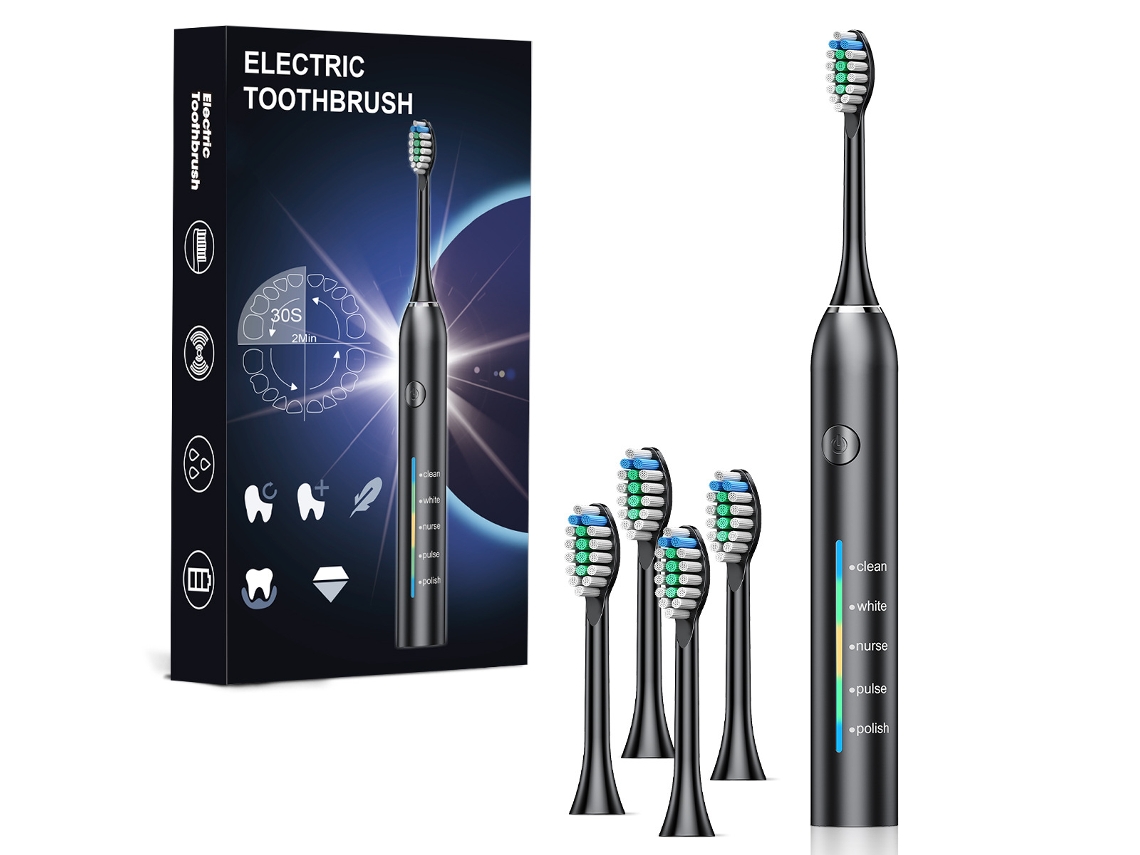 Escova de Dentes Elétrica, 5 Modos, Carregamento Usb, com 4 Cabeças de Escova.preto CZHHMART