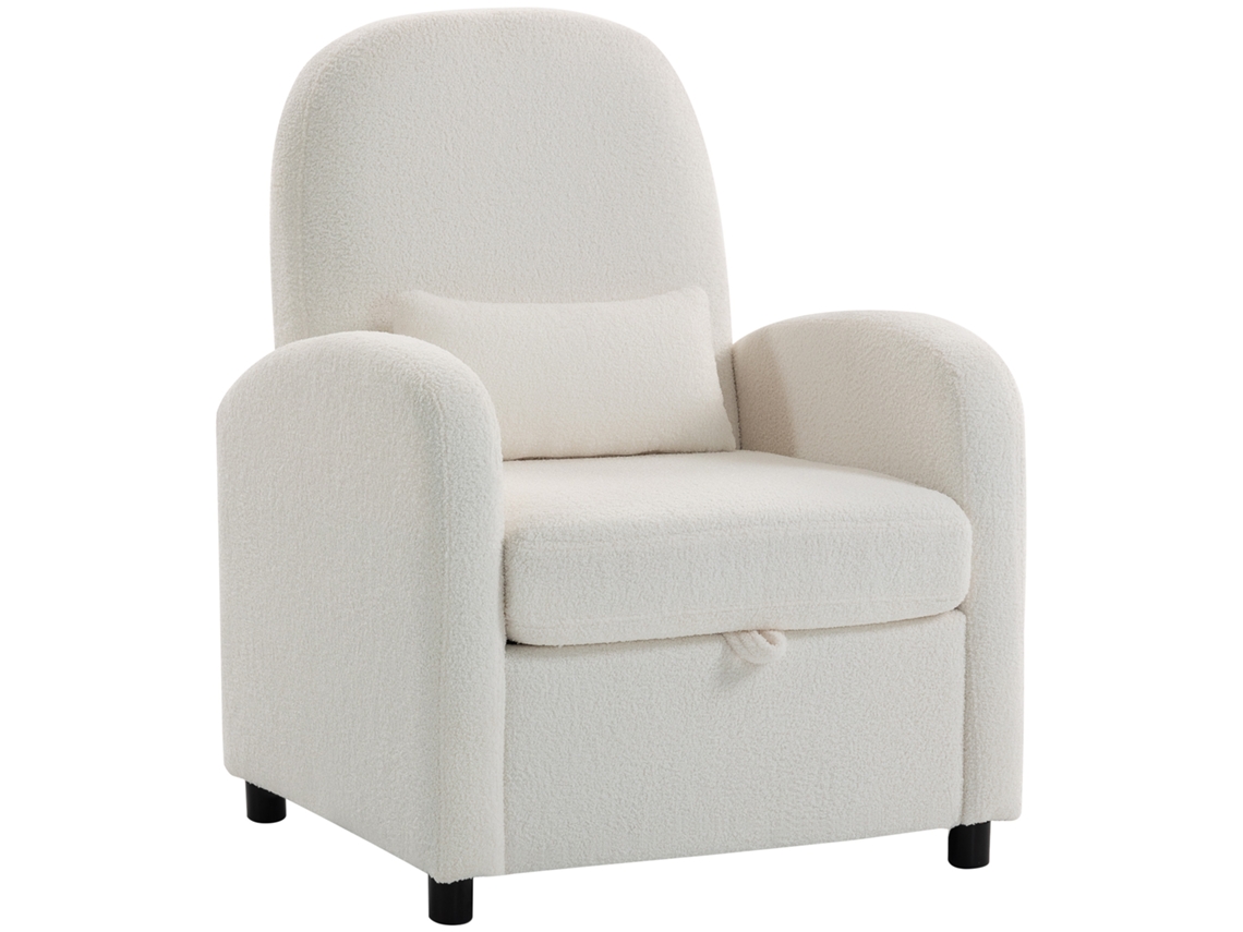 Poltrona Moderna com Espaço de Armazenamento Retrátil e Almofada. Forro de Lã de Pelúcia. 76x77x95 Cm. Creme Ge