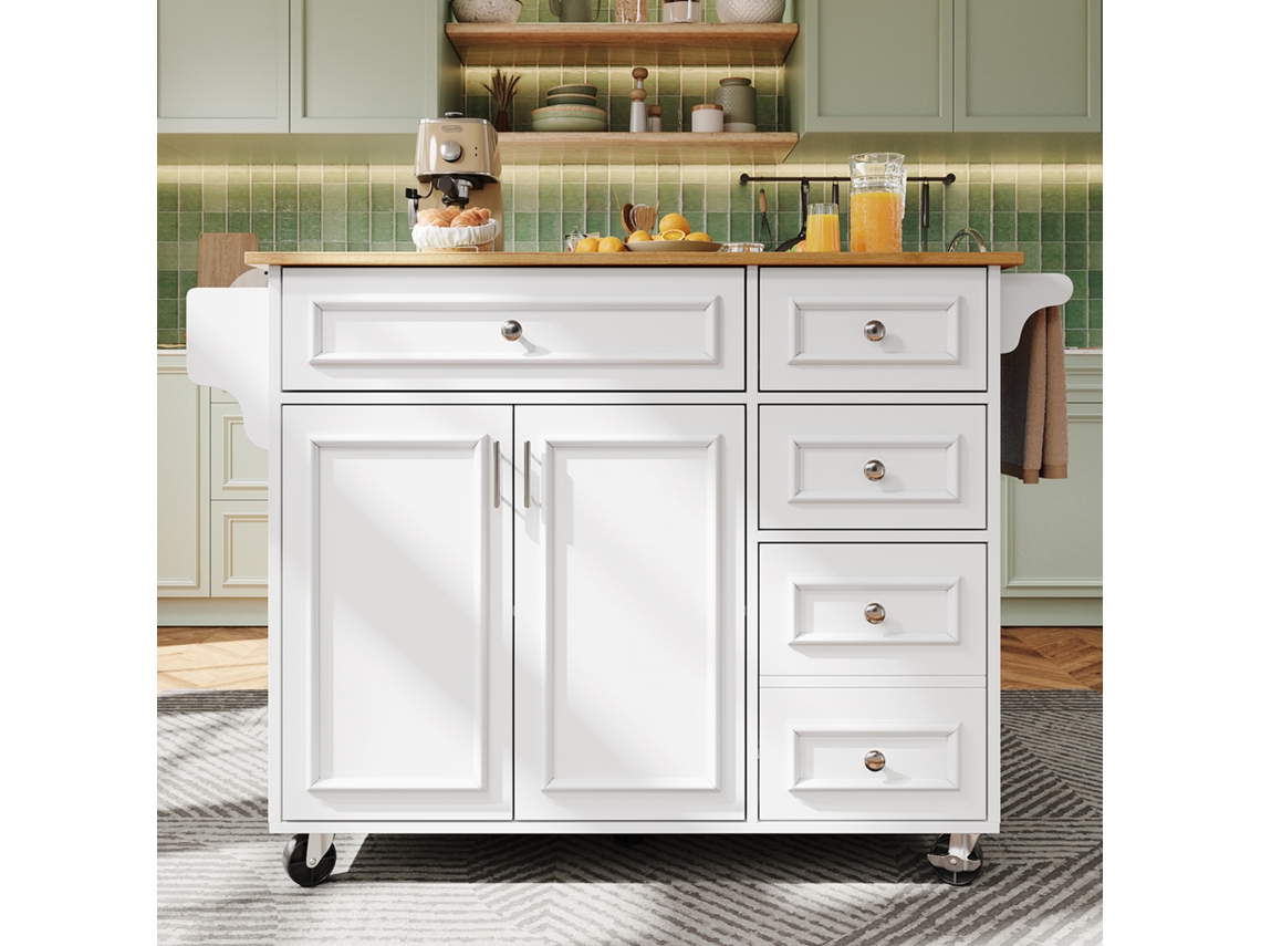 Ilha De Cozinha Moderna 110x45 75cm Com Carrinho Removível E Design Vintage Branco Móvel Multifuncional Com Armazenamento Mega Echo Trade Shop