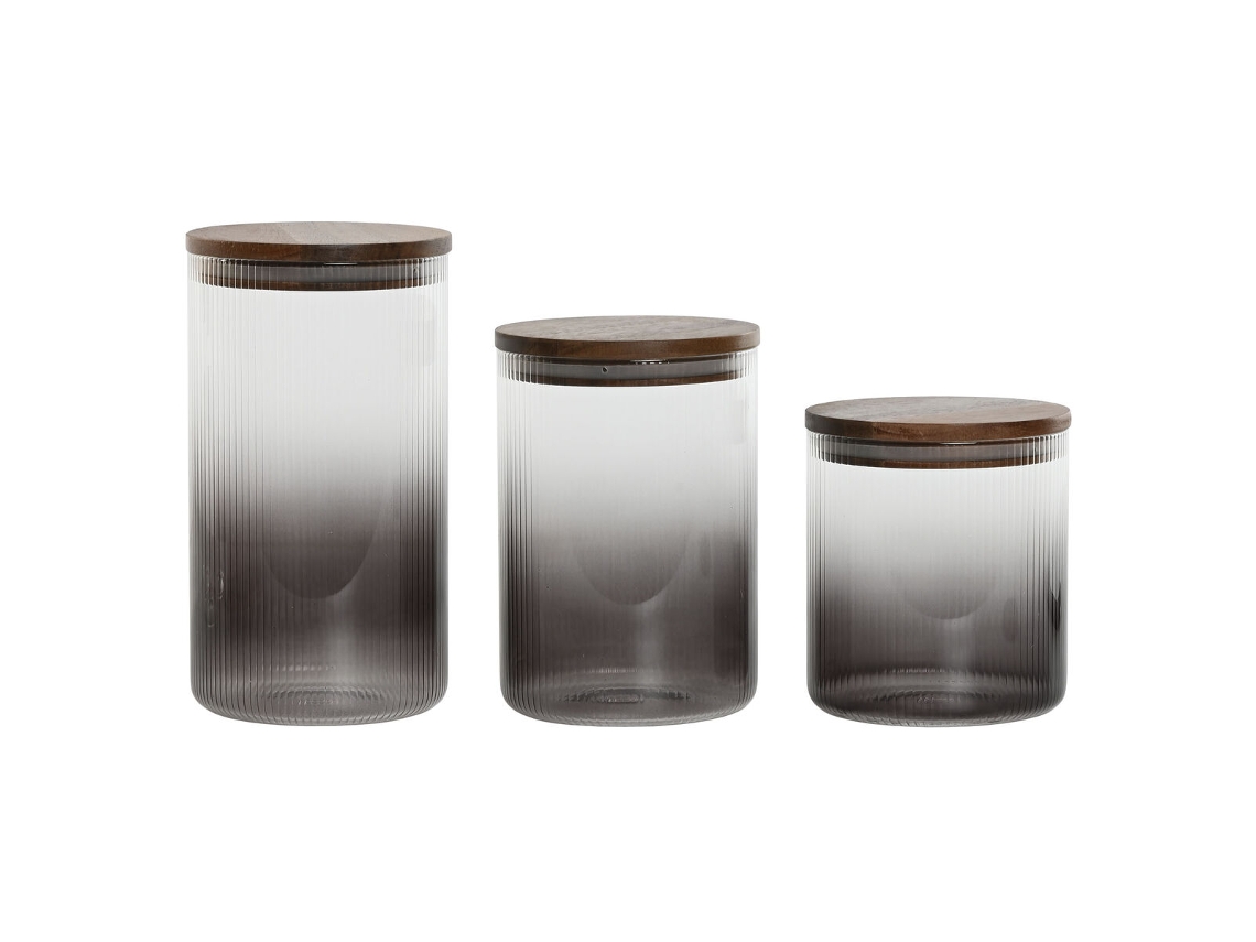 Conjunto de 3 Potes HOME ESPRIT Cinzento Natural Acácia Vidro de Borosilicato 900 ml 1,5 L 1,2 L 3 Peças