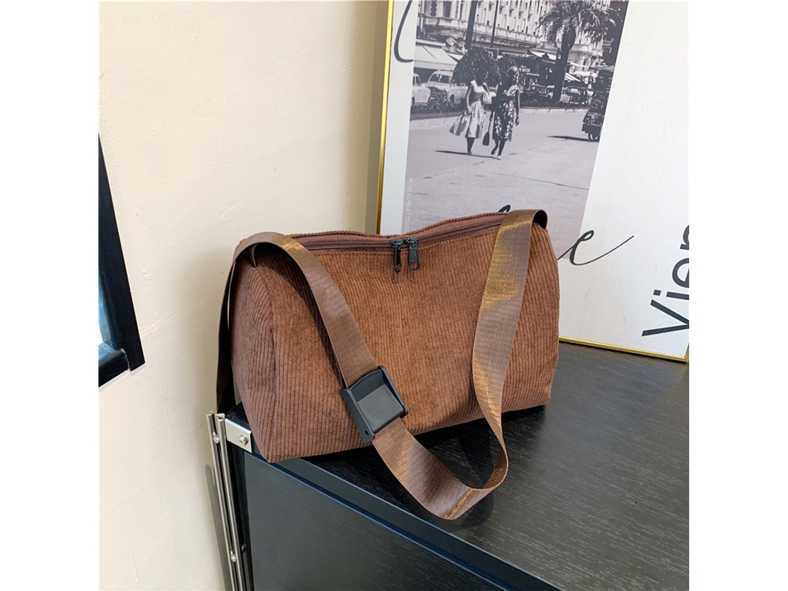 Bolsa Carteiro De Veludo Cotelê De Cor Sólida, Bolsa De Ombro Feminina Cilíndrica Casual Simples, Carteira Marrom SUNNY SPACES