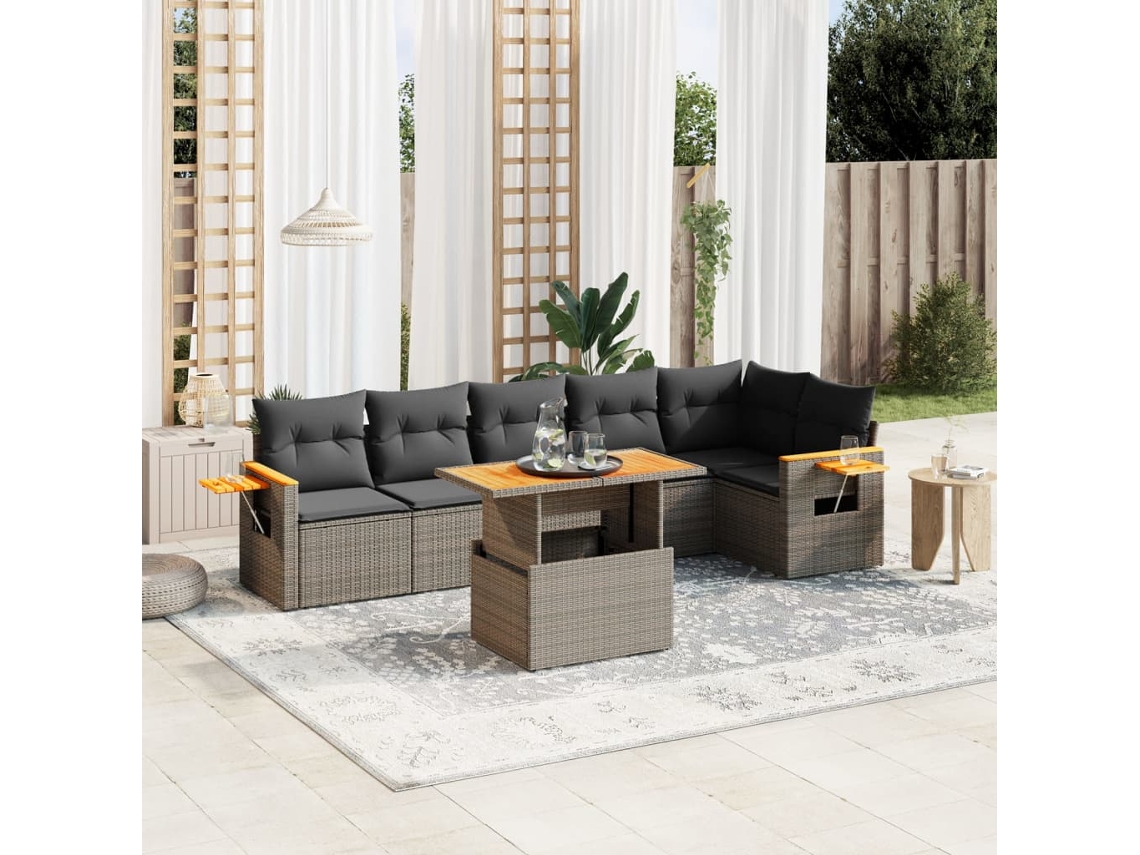 Vidaxl 7 Pcs Conjunto Sofás P/ Jardim C/ Almofadões Vime Pe Cinzento