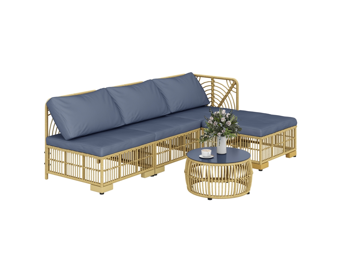 Conjunto de sofá em rattan para jardim, modular, com almofadas e mesa de centro | S/MARCA