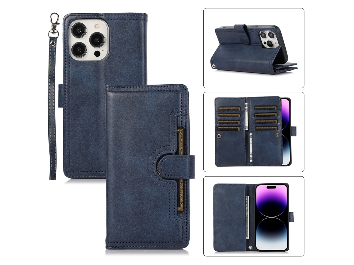 Suporte Casa Pega Para Iphone 15 Pro Max Pele Sintética Com Porta-cartões Azul