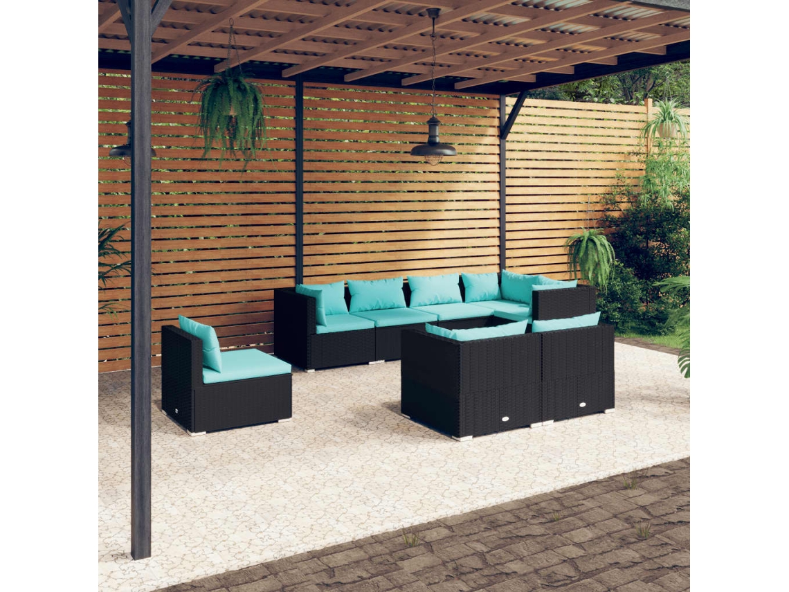 Vidaxl 8 Pcs Conjunto Lounge De Jardim C/ Almofadões Vime Pe Preto