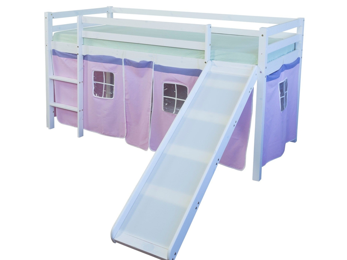 Cama Meio-Alta 90X200Cm para Crianças com Escorrega e Escada de Madeira Branca e Lona Rosa Lit06116 MOBIKASA