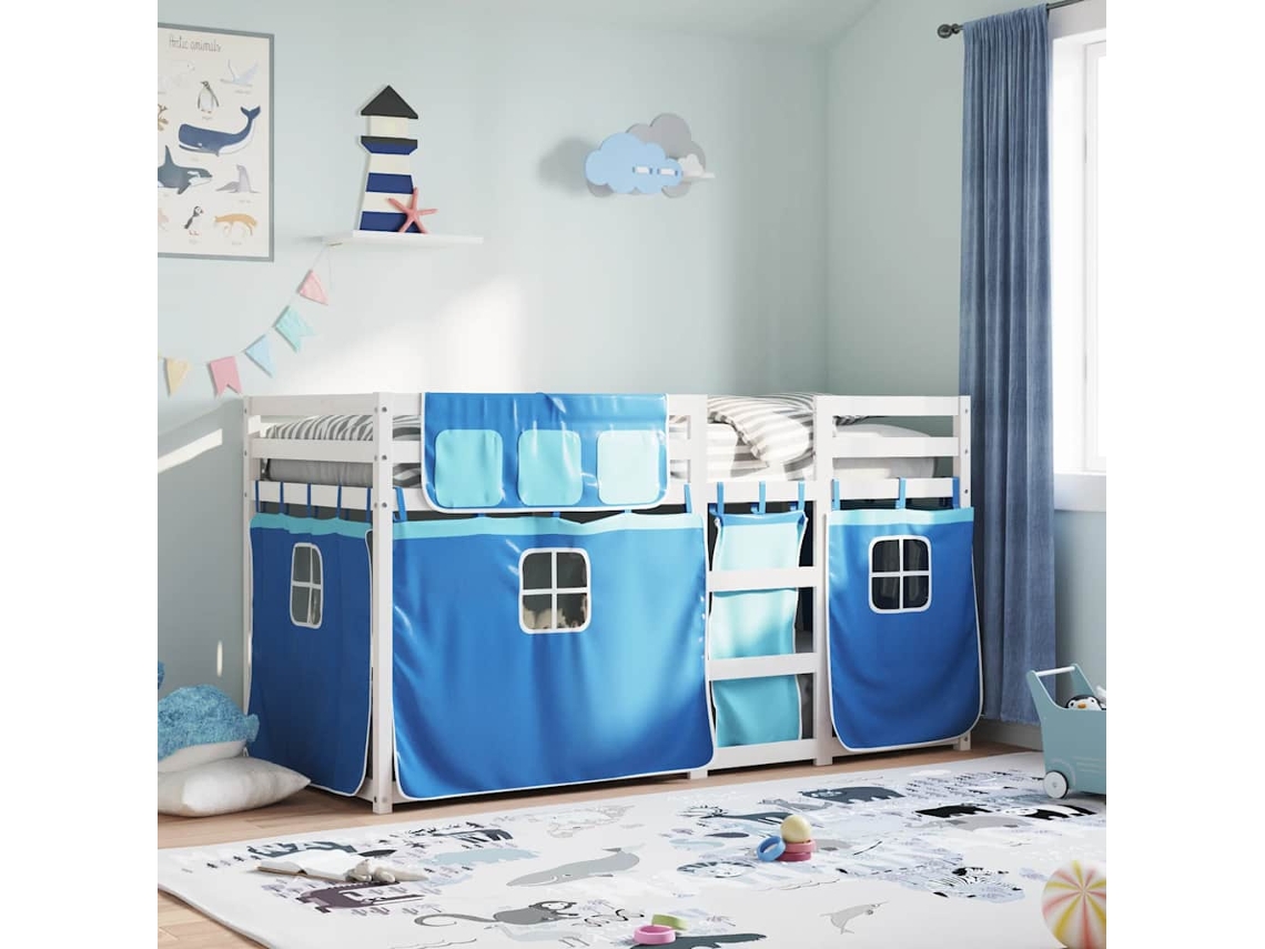 Vidaxl Beliche Com Cortinas 90x200 Cm Madeira De Pinho Maciça Azul