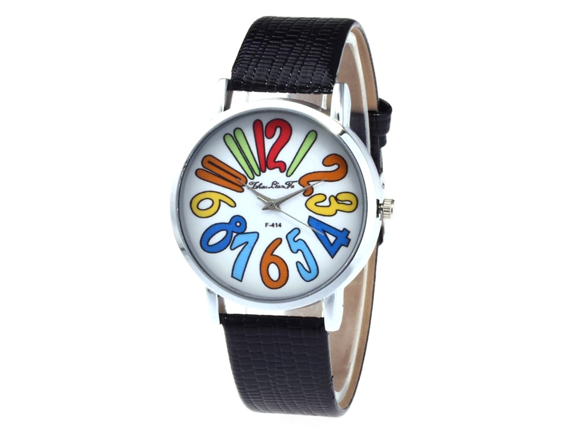 Reloj De Pulsera De Cuarzo Con Dial Colorido Y Correa De Cuero Pu Zhoulianfa (negro)