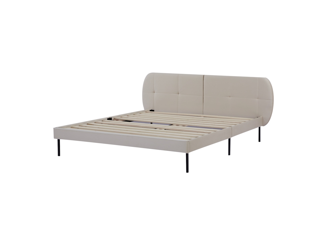 Cama com Cabeceira Estofada Porvoo [EN.CASA] Madeira de Pinho Veludo Bege (160x200cm)