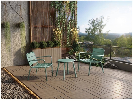 Conjunto de Jardim Almendra: 2 Poltronas Baixas Empilháveis e Mesa Auxiliar MYLIA Mirmande (Verde - Metal - 60x67.5x71.5 cm)