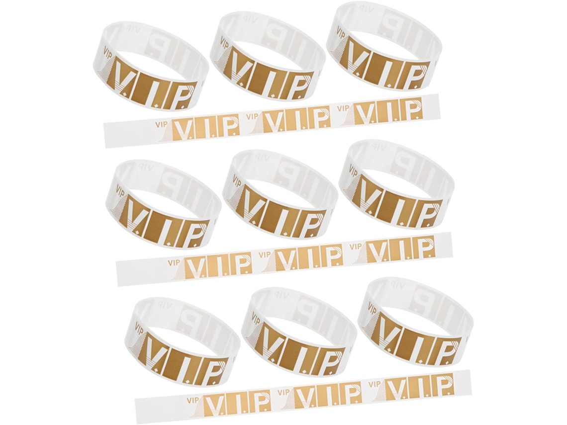 Pulseira dourada feita de papel sintético para eventos, com impressão e ingressos nítidos, ideal para feiras e eventos.