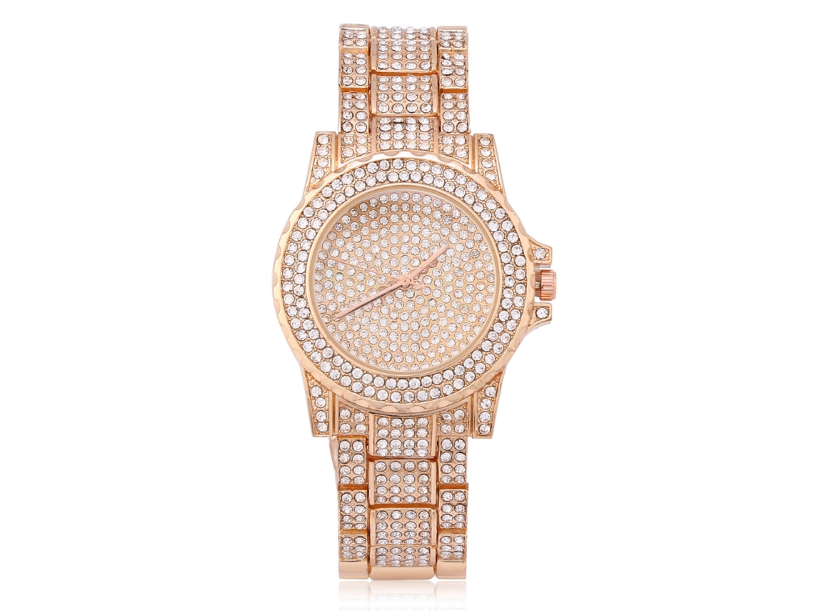 Relógio Analógico Feminino de Quartzo com Pedras Preciosas Rose Gold para Vestir