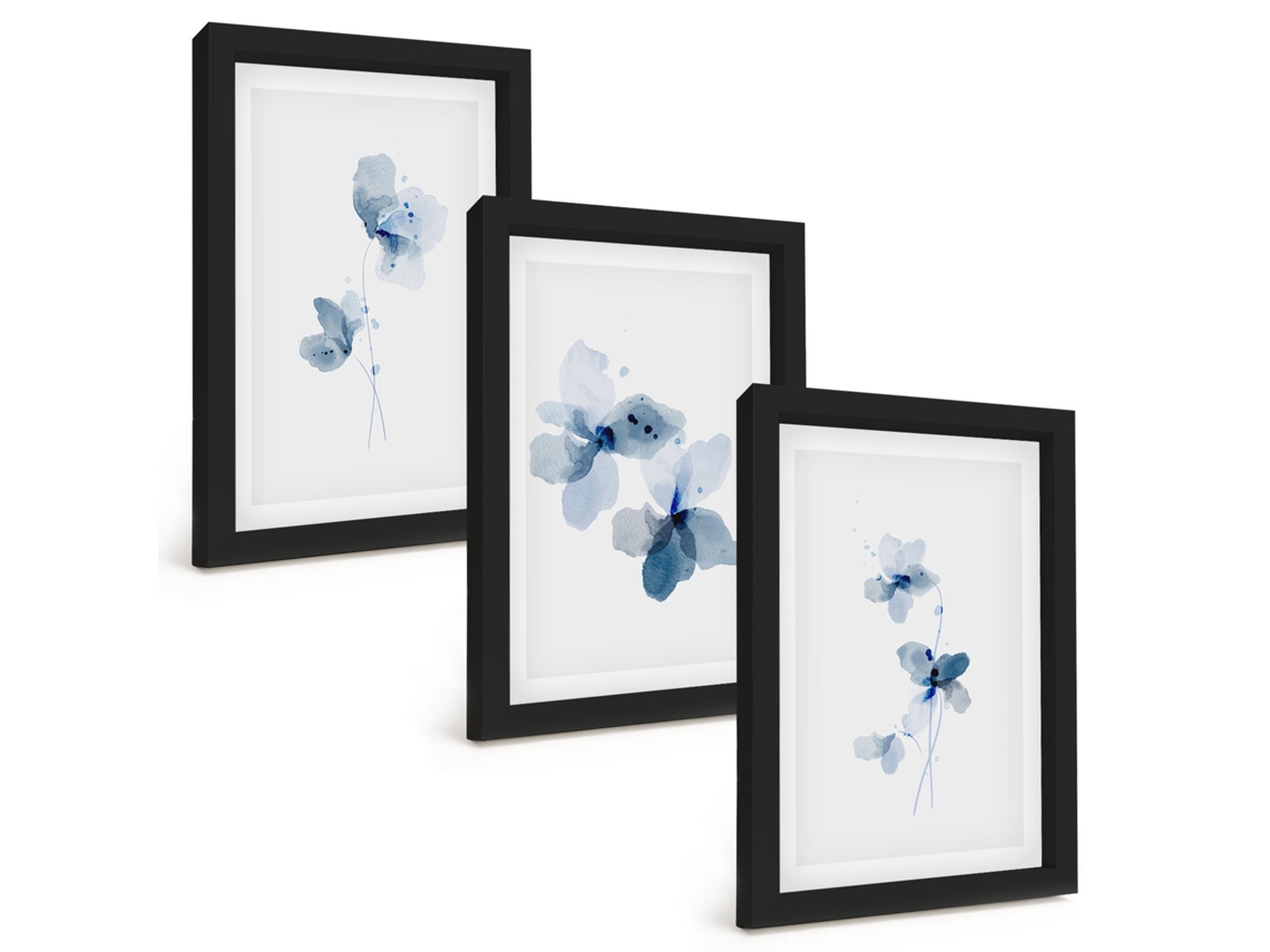 Composição De Quadros Na Paredeflores Azuis Moldura Preta Quadros Para A Sala De Estar Espelharte (3 Peças 20x30 Cm)