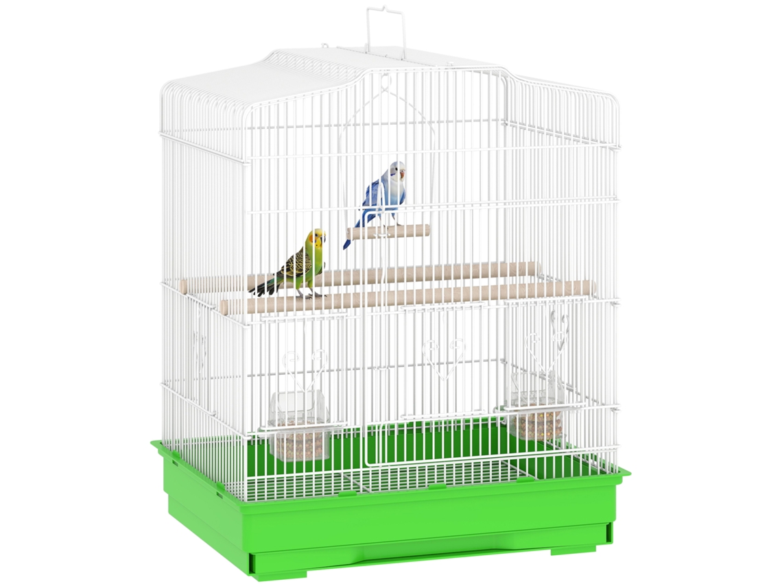 Gaiola de Aviário de Aço para Pássaros com 2 Comedouros, 2 Poleiros de Balanço e Alça Removível para Bandejas 46,5x36x59 Cm Verde Ge
