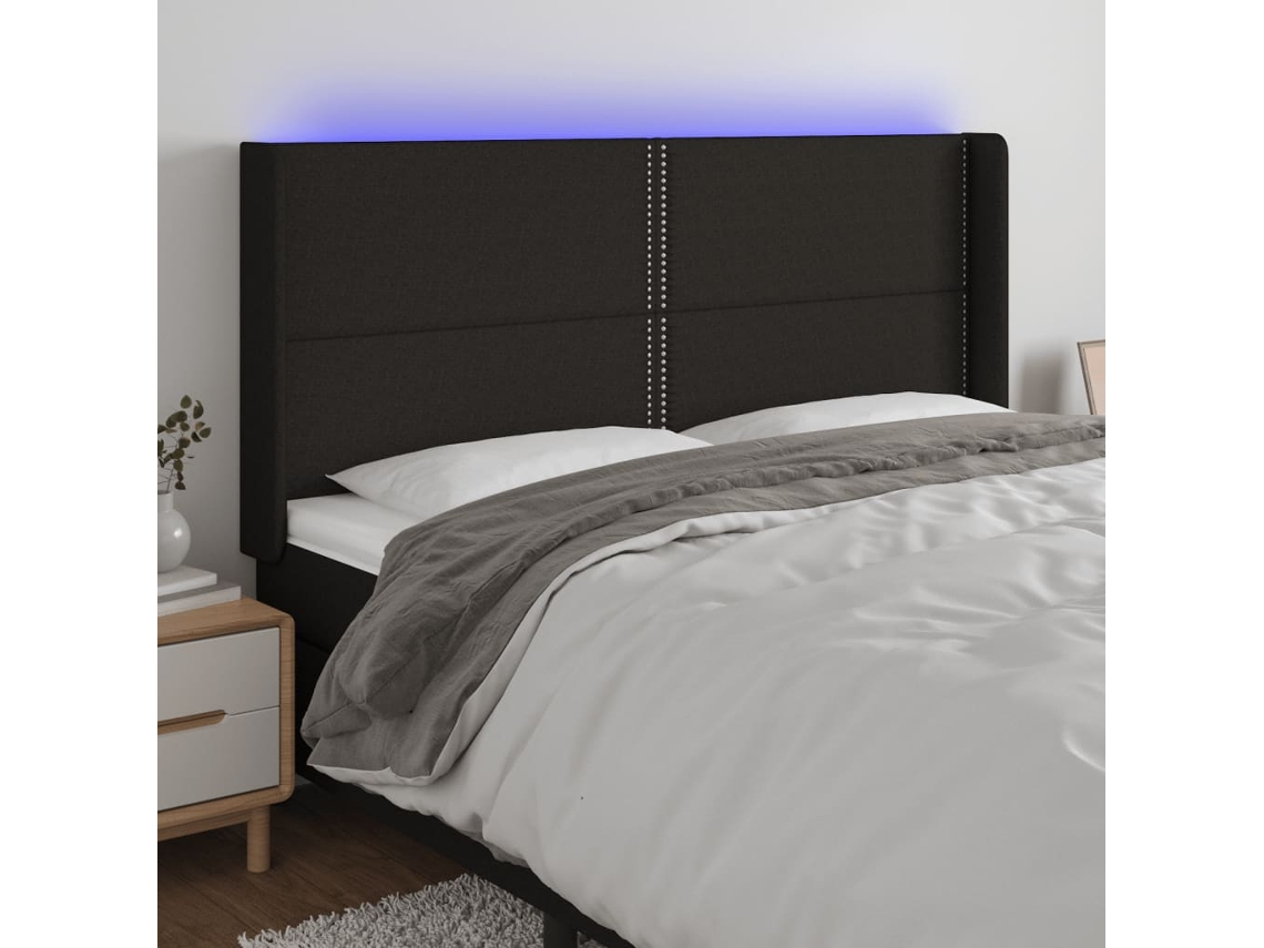 Cabecero con luces LED, tela, 163x16x118/128 cm, negro