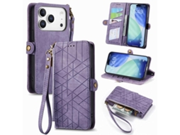 Capa De Couro Para Iphone 17 Pro Max Com Zíper Geométrico E Fivela Lateral.
