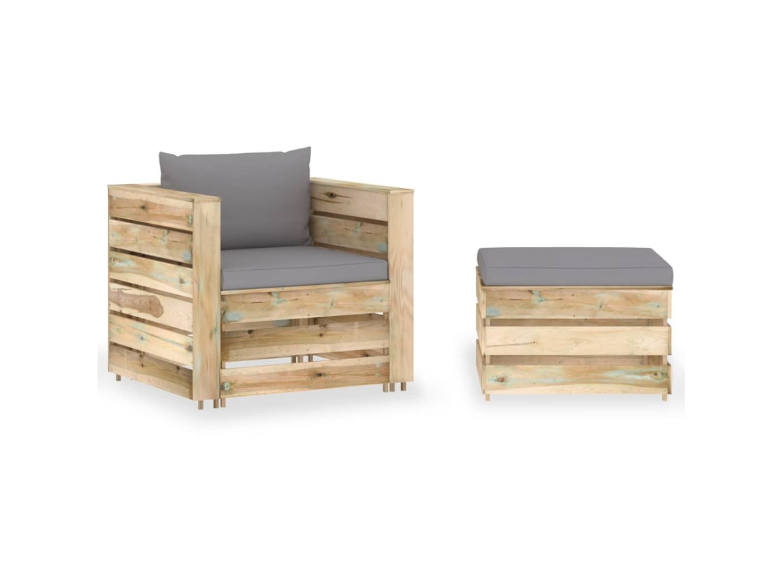 Vidaxl 2 Pcs Conj. Lounge Jardim C/ Almofadões Madeira Impreg. Verde