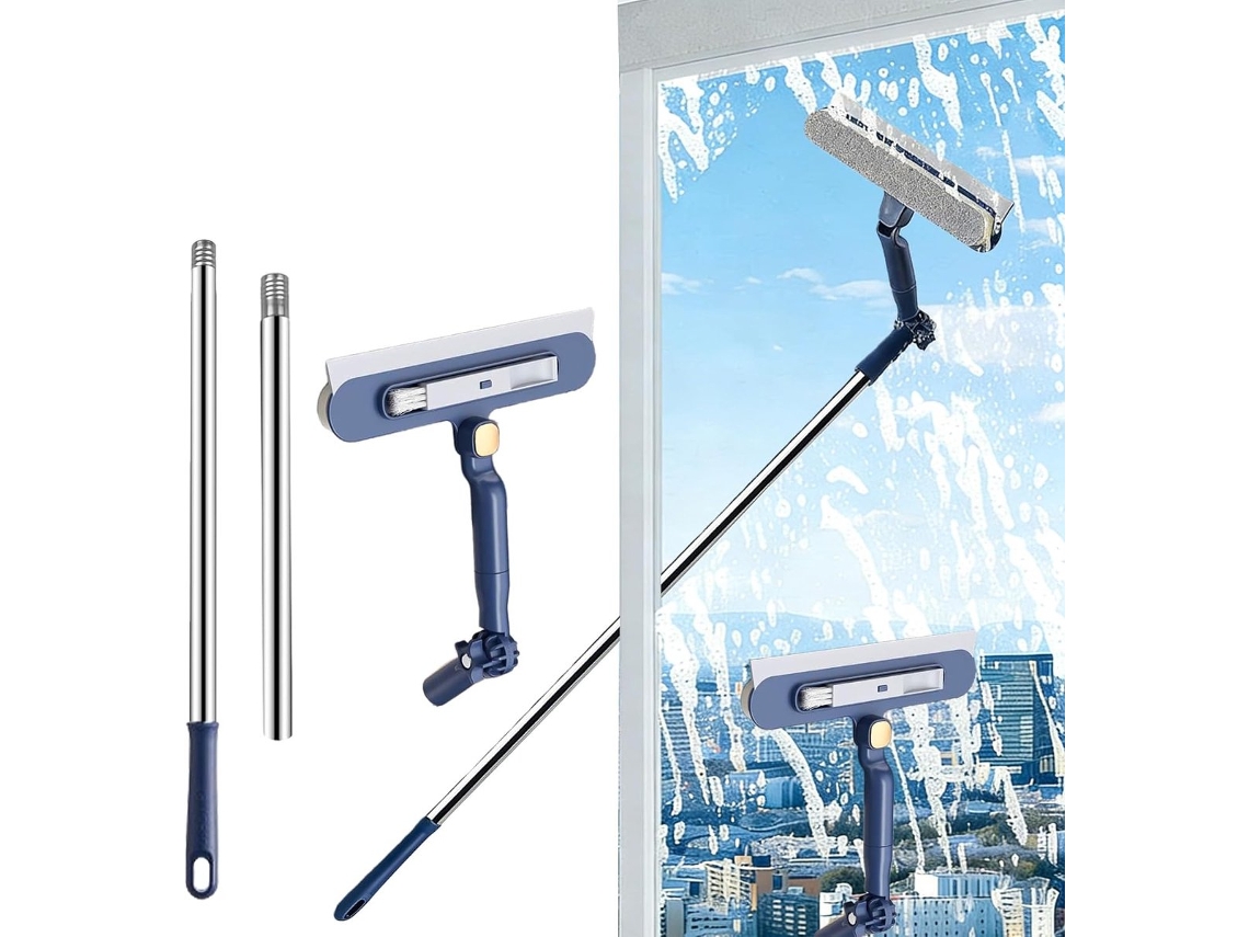Limpa-vidros Extensível 2 Em 1, Rodo Telescópico De 120 Cm E Escova, Cabeça Giratória Compatível Com Janelas, Espelhos E Box De Chuveiro, Azul