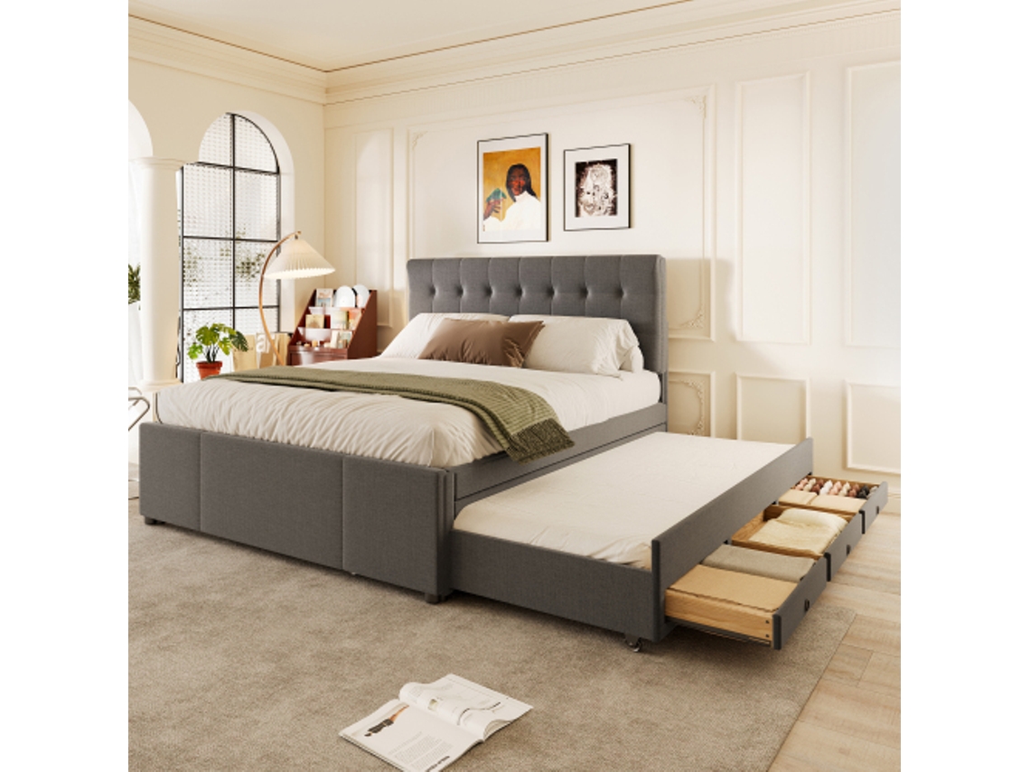 Cama De Casal 140x200cm Com 3 Gavetas E Cabeceira Ajustável, Sem Colchão, Cinza Ideal Para Quarto De Casal Ou Família Liptaptyn