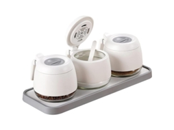 Conjunto de 3 potes de vidro herméticos com escorredor para sal, açúcar e temperos.
