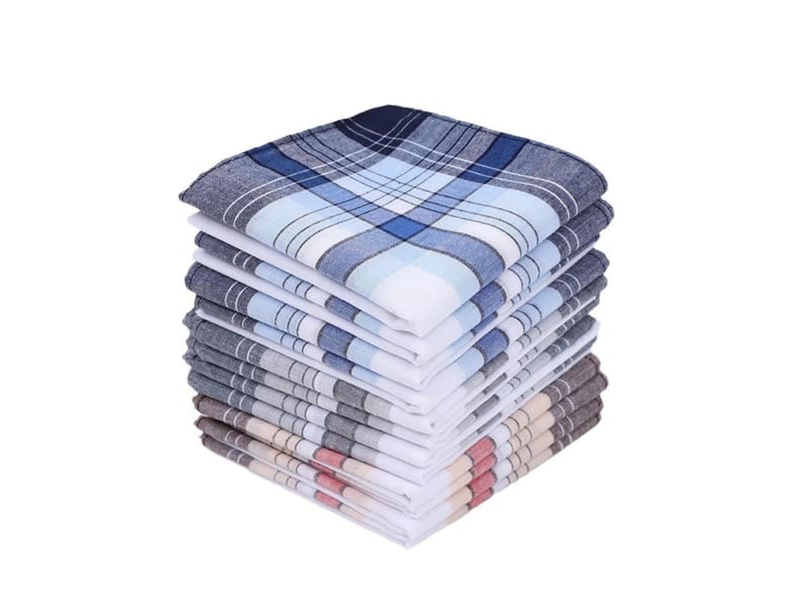 Pacote com 12 Lenços Masculinos em Puro Algodão, 40x40 Cm, Em, Padrão Xadrez Clássico a Pacote com 12 AQUAFORGE
