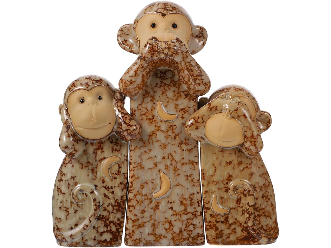 Conjunto 3 Estatuetas Macacos Cerâmica Representando Sabedoria Elegantes Decorativas Escritório Casa GOKOCO