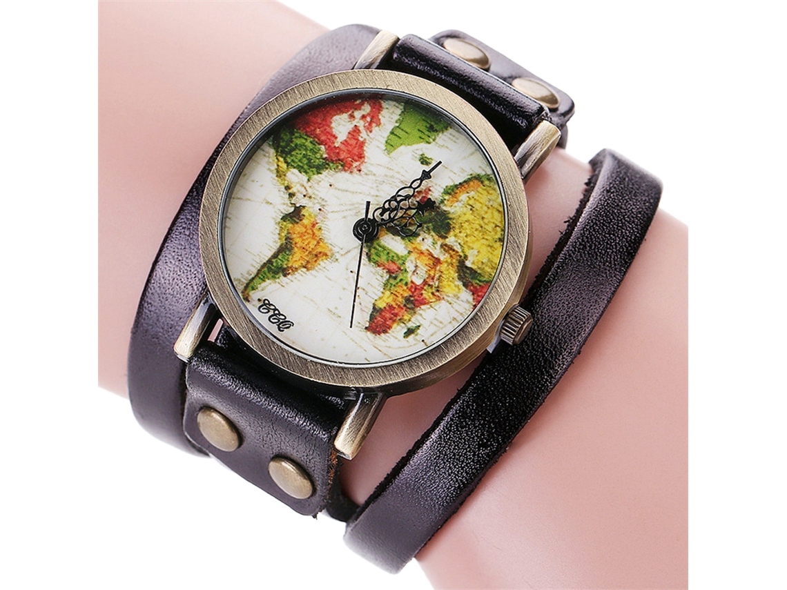Relógio de Pulso Feminino Multicamada com Mostrador de Mapa Retro Bracelete Pu Preto