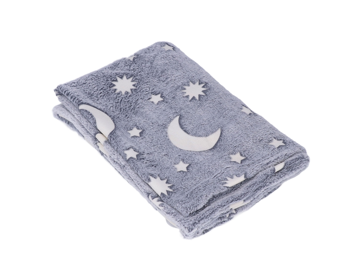 Manta Luminosa 1.5x2m Flannel Duas Faces Estrelas Lua Macia Brilha no Escuro para Crianças Cinza
