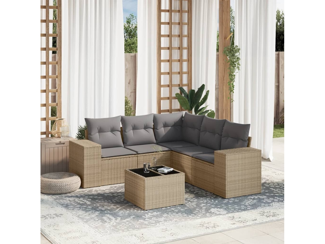 Vidaxl 6 Pcs Conjunto De Sofás P/ Jardim Com Almofadões Vime Pe Bege