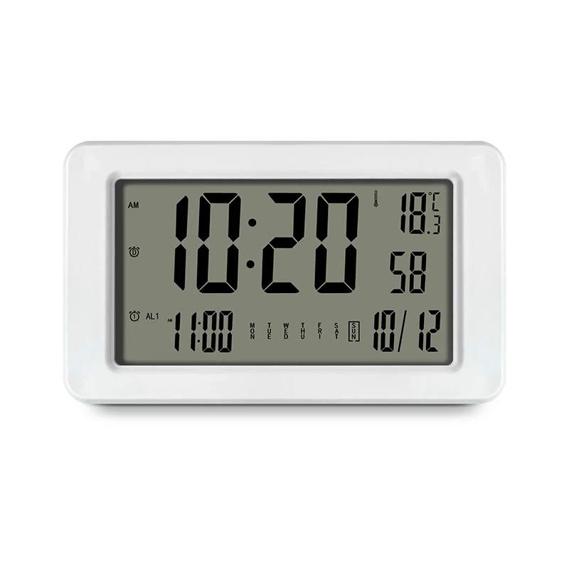 (Branco) Despertador digital com indicador de temperatura, calendário e dia da semana. Funciona a pilhas.
