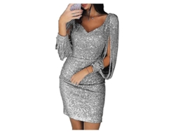 Vestido Sequencial com Brilho, Cuello V Profundo, Mangas Longas, Tassel, Curto, Ysrl Silver