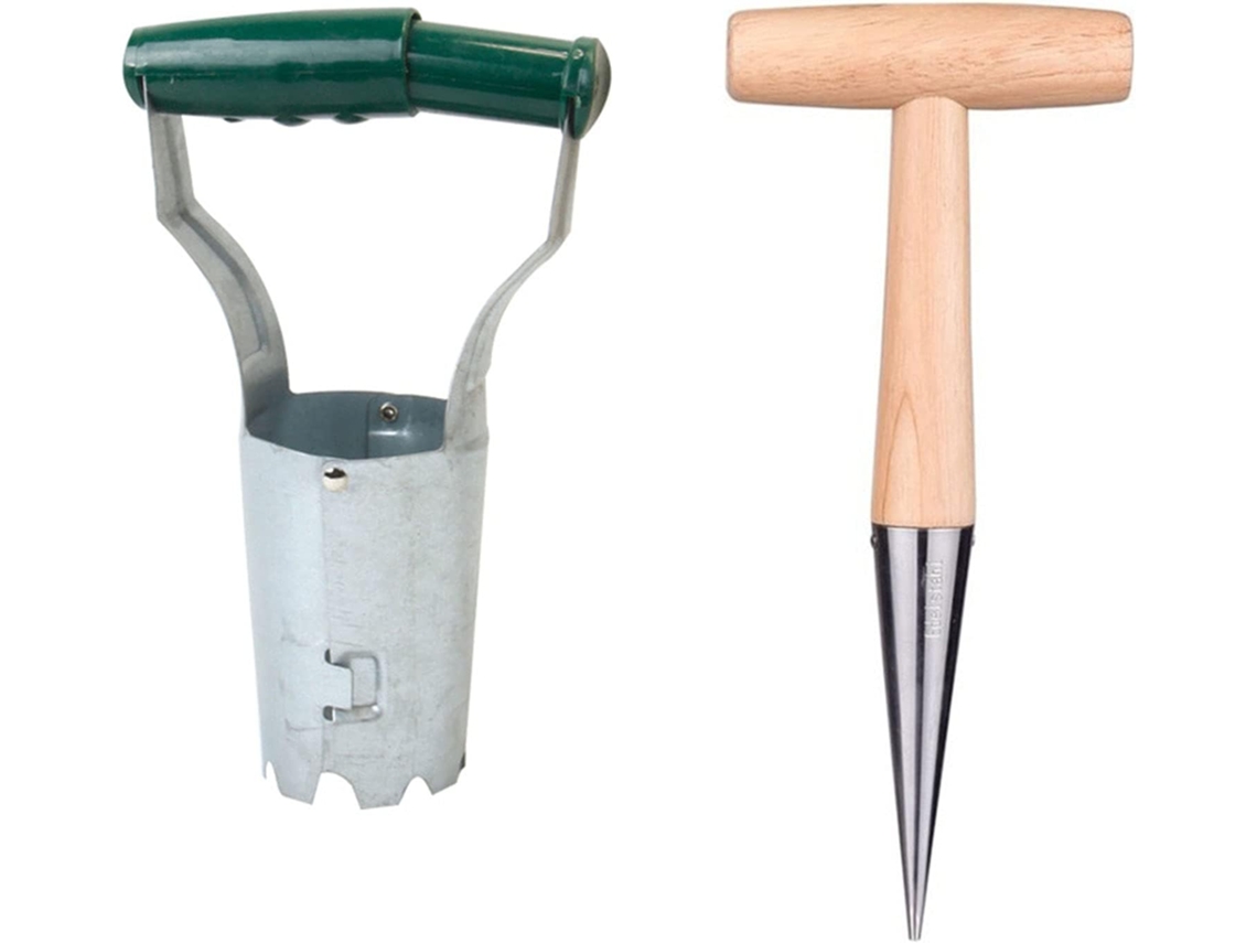 Ferramenta de plantio de bulbos de flores com marcação de profundidade, liberação automática de solo para plantio de flores e mudas, conjunto de 2