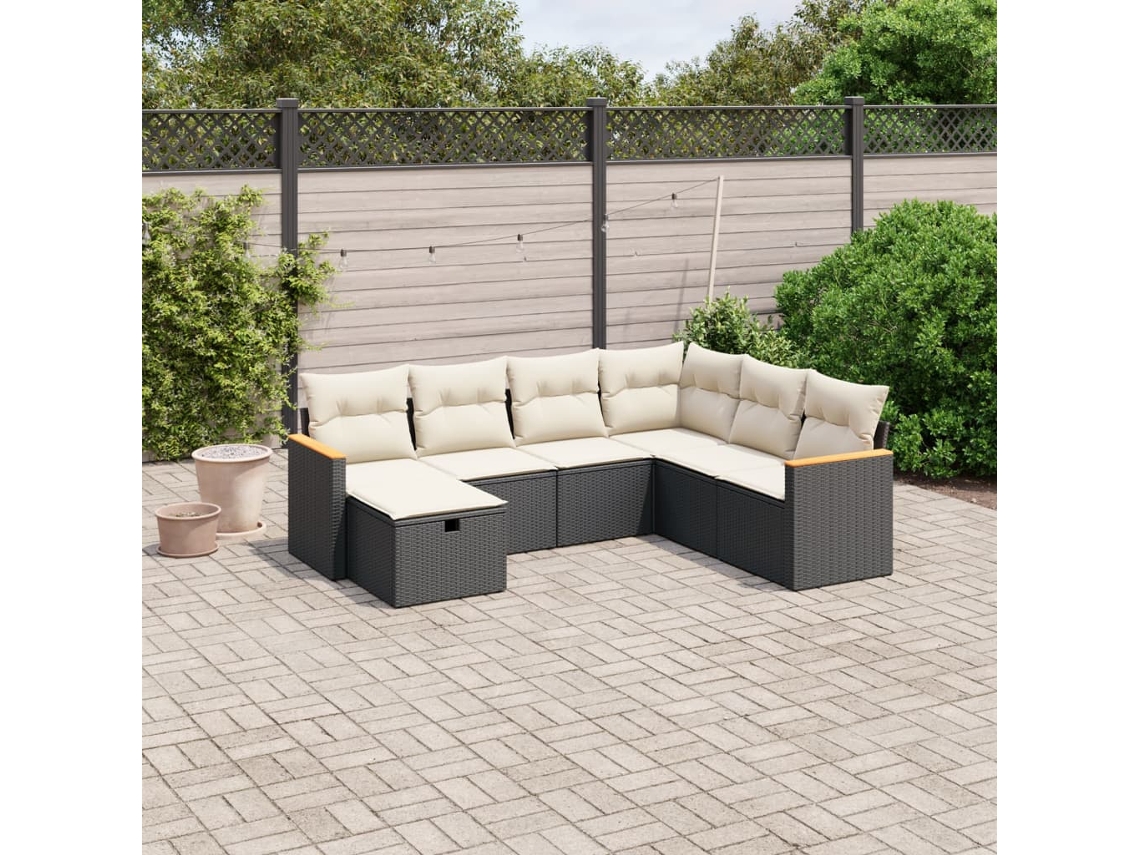 Jogo de Sofá 7 Peças P/ Jardim C/ Almofadões Vime Pe Preto Dkd Home Decor