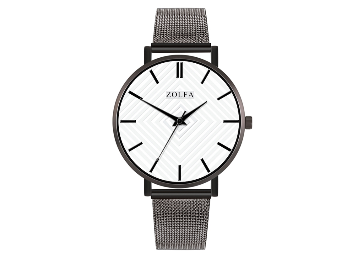 Relógio feminino Zhoulianfa de quartzo com pulseira de malha, prata e preto.