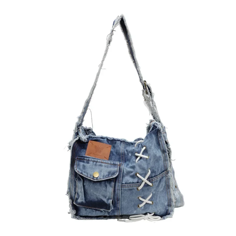 Bolsa De Ombro Feminina Em Jeans Lavado Azul, Bolsa Transversal Feminina De Grande Capacidade.