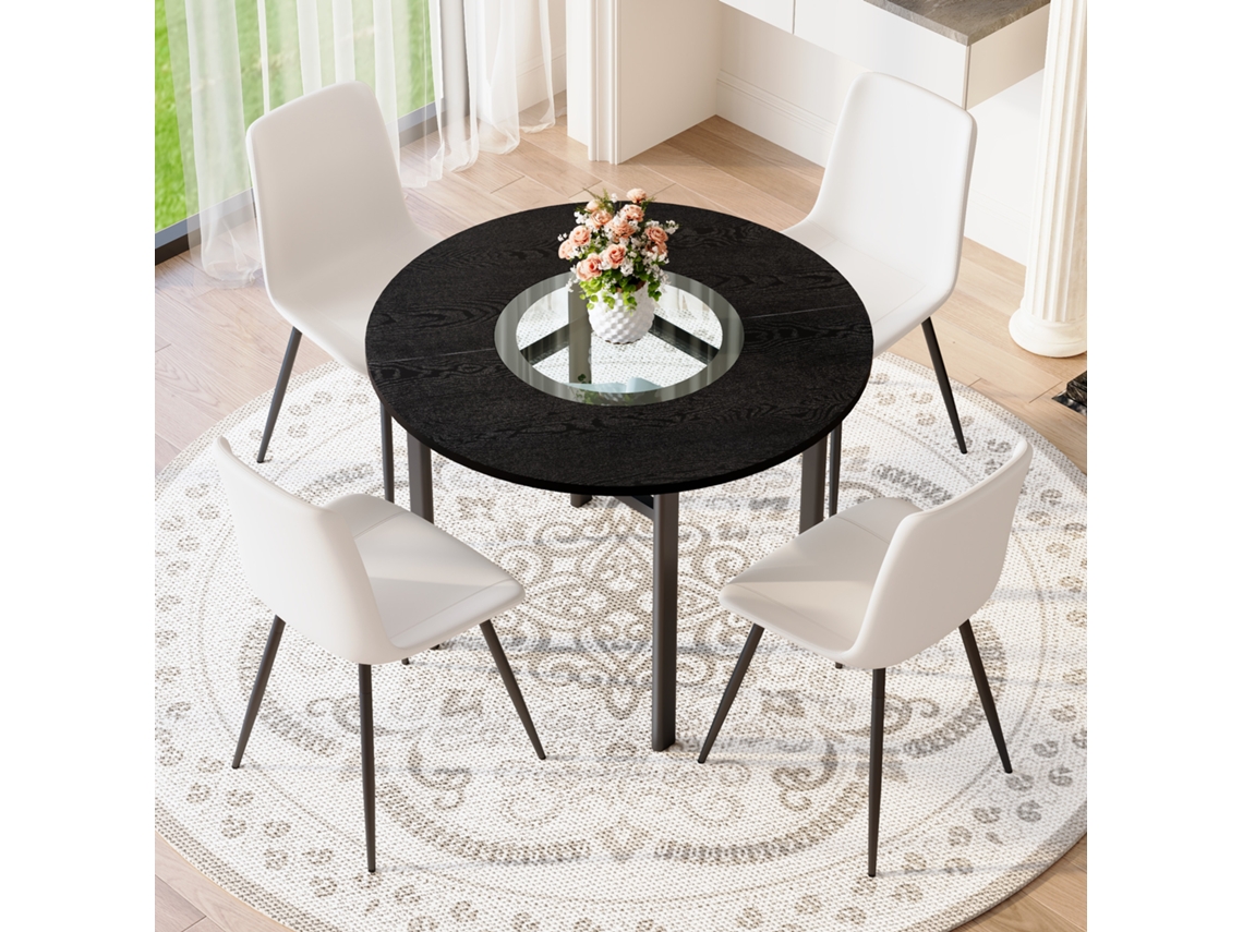Mesa Redonda Preta 100cm 4 Braços Pu Branco Assento Largo