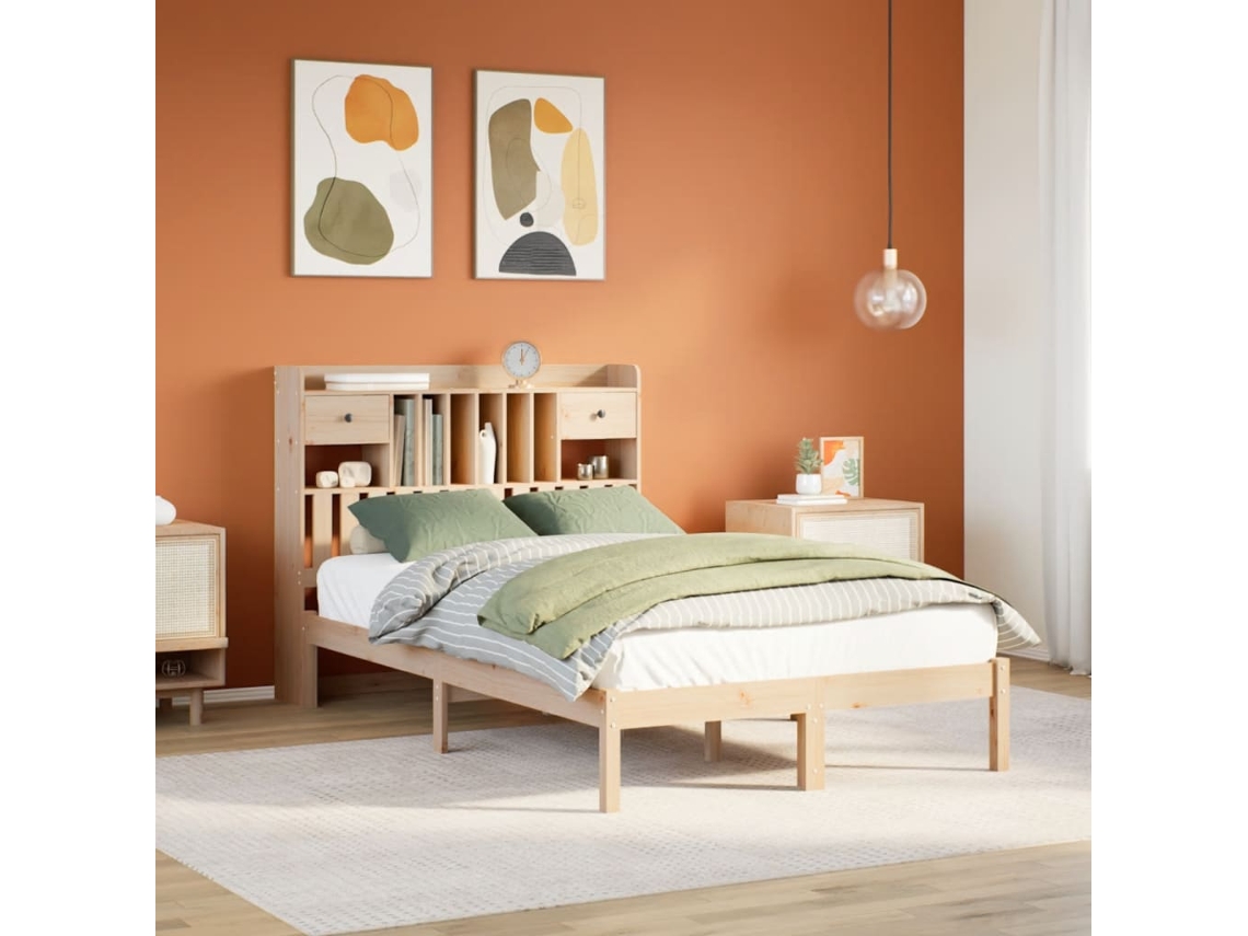 Vidaxl Cama Com Estante Sem Colchão 135x190 Cm Pinho Maciço