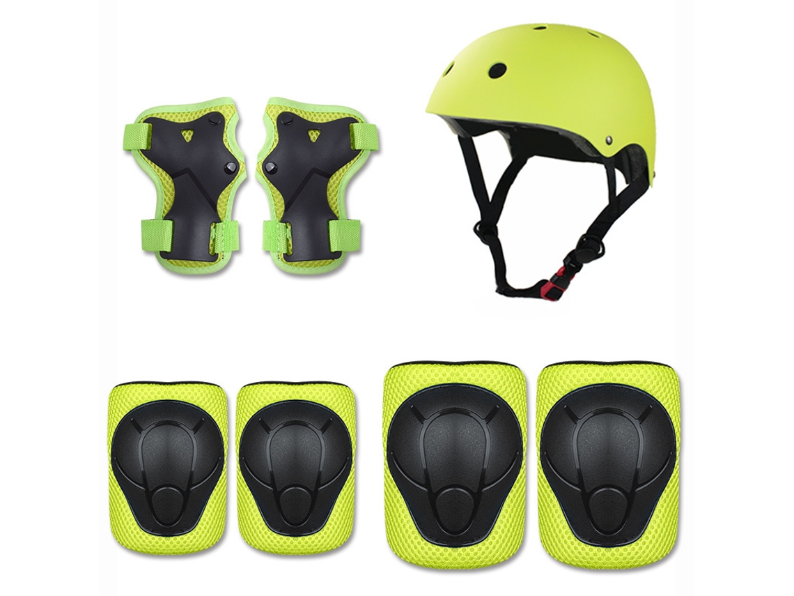 Conjunto Capacete Infantil Verde Ajustável Equipamentos Proteção Joelheiras Cotoveleiras Pulso