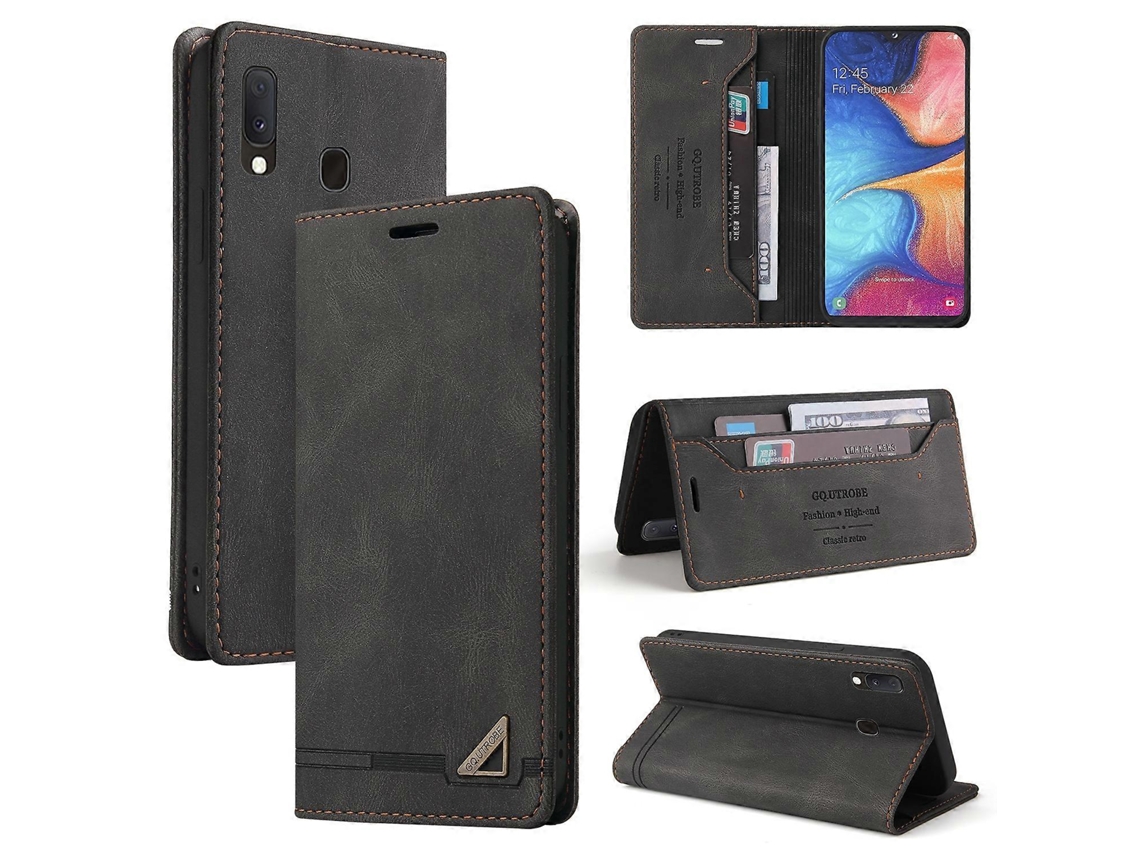 Capa De Couro Escovado Horizontal Com Aba, Resistente A Furtos, Para Samsung Galaxy A20e, Com Suporte, Compartimentos Para Cartões E Carteira.