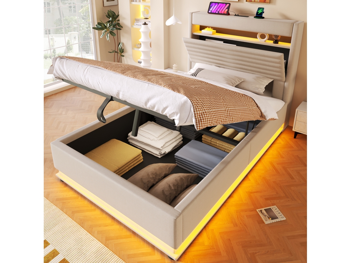 Cama Estofada De Solteiro Com Arrumação Hidráulica, Led E Usb 218x92.5x113cm Linho Bege