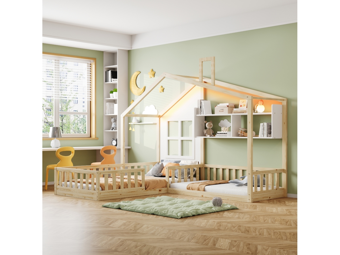 Cama Infantil 90x200 Cm (140x70 Cm) Com Janela, Prateleiras, Fita Led, Baú De Madeira Maciça Até O Teto, Grade De Segurança E Estrado.