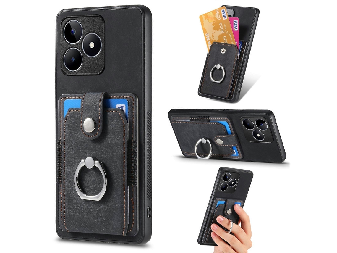 Capa Tipo Carteira Com Anel E Vários Cartões Retrô Com Toque De Pele Para Realme C53 4g