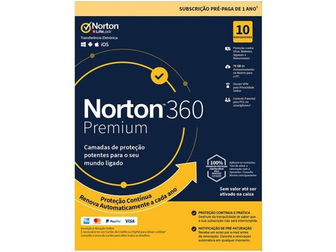 Software NORTON 360 Premium 75GB (10 Dispositivos - 1 Ano - Smartphone, PC e Tablet - Formato Digital)