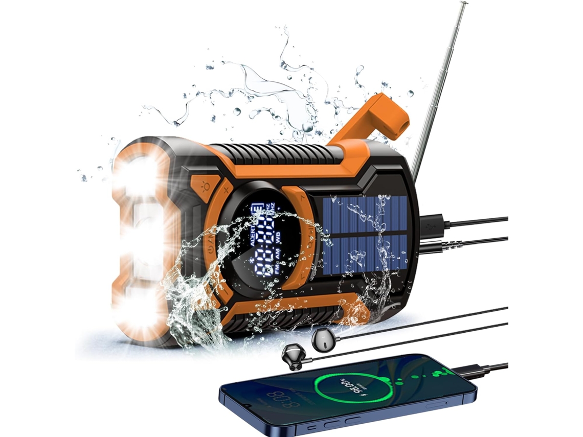 Rádio meteorológico AQUAFORGE de emergência, portátil, à prova d'água, bluetooth, solar, com manivela e bateria usb 5000mah