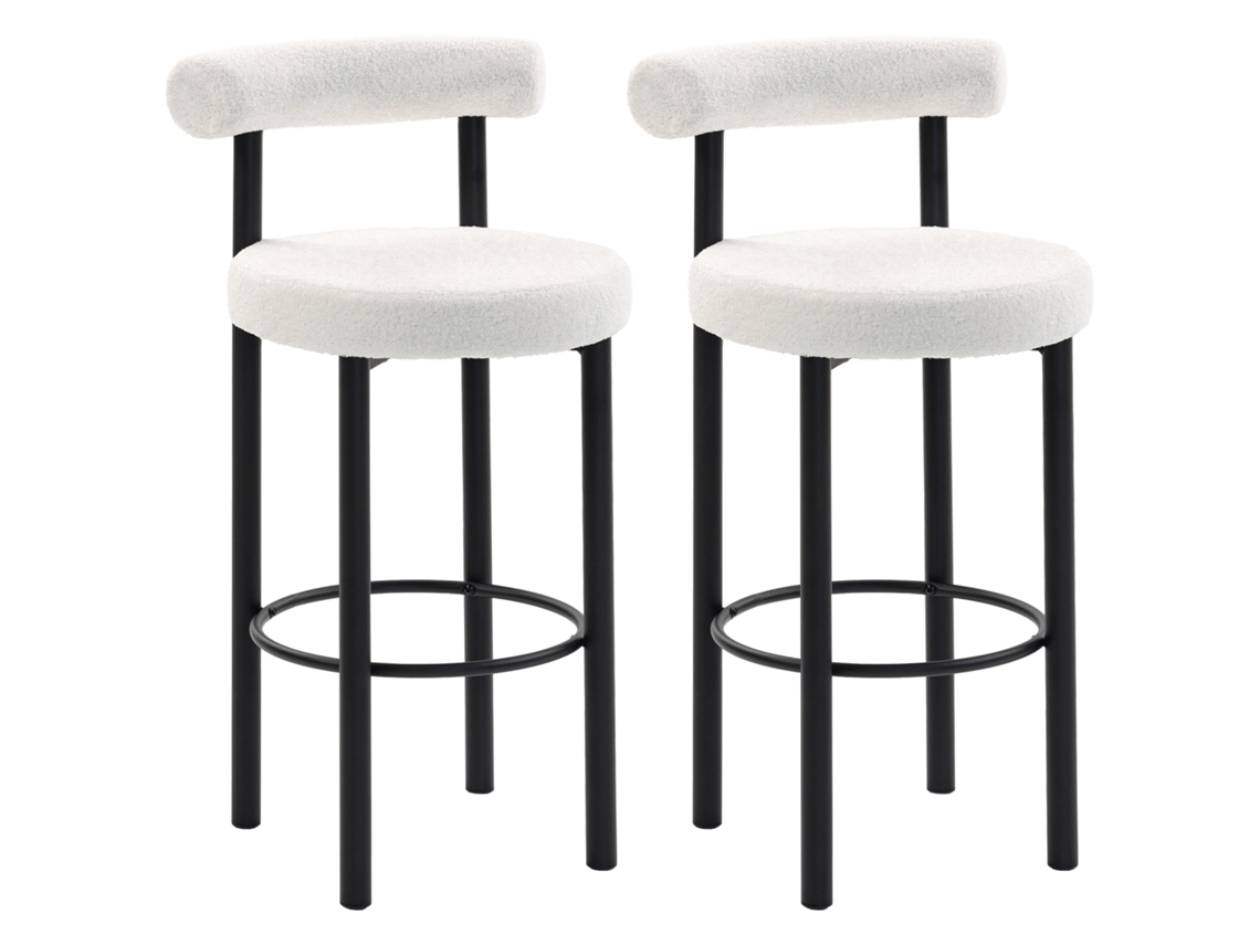2 banquetas CHEZMOI modernas, 65cm, com apoio para os pés, branco e efeito madeira
